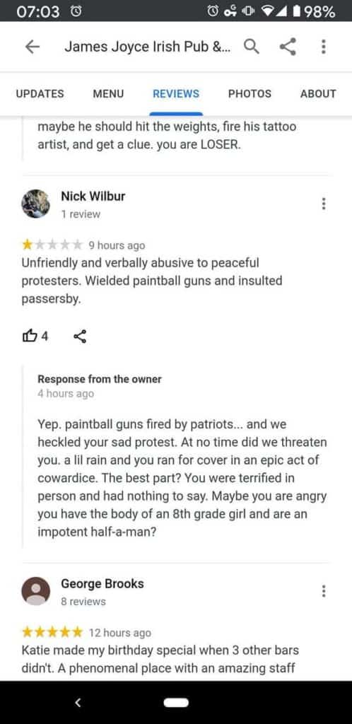 Screenshot of Nicks Review and James Joyce Response Provided by Brown