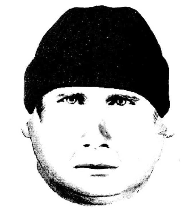 A witness observed the suspect standing over the victim while holding a knife.  Based on information from the witness, a composite sketch of the suspect was prepared.  The witness described the suspect as a white male, early 20's, 5'08" to 5'10", heavy build, big buttocks and wearing a black beanie cap.
 