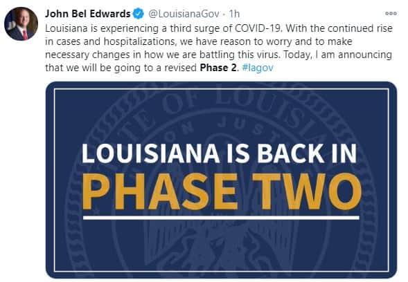 On Tuesday, Louisiana Governor John Bel Edwards announced that the state will be moving back into Phase 2 to help slow the spread of COVID-19.