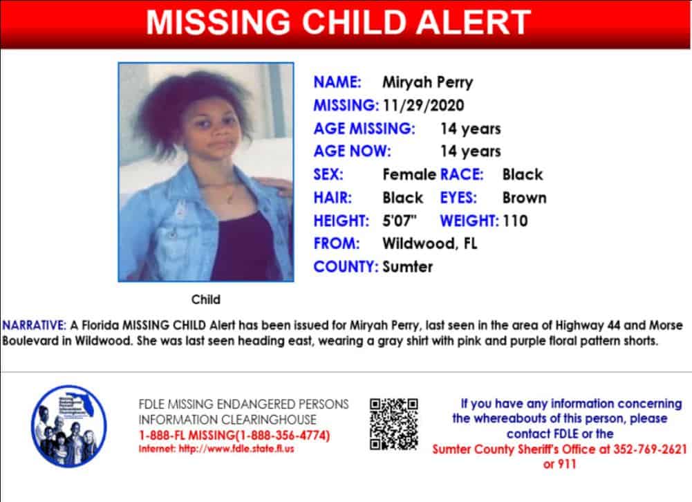 A Florida MISSING CHILD Alert has been issued for Miryah Perry, a black female, 14 years old, 5 feet 7 inches tall, 110 poun