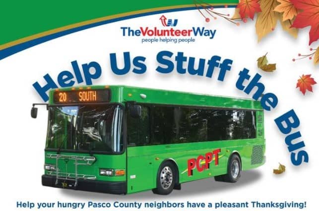 You can make a difference for a Pasco County family in need this Thanksgiving holiday.  Pasco County Public Transportation (PCPT) invites the community to ‘Stuff the Bus’ with a drive-thru food donation Saturday, November 14, 2020, at The Volunteer Way in New Port Richey.