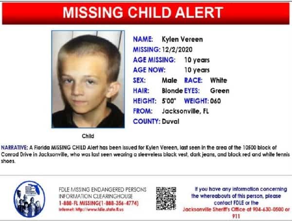 A Florida MISSING CHILD Alert has been issued for Kylen Vereen, a white male, 10 years old, 5 feet tall, 60 pounds, blonde hair and green eyes, last seen in the area of the 10500 block of Conr