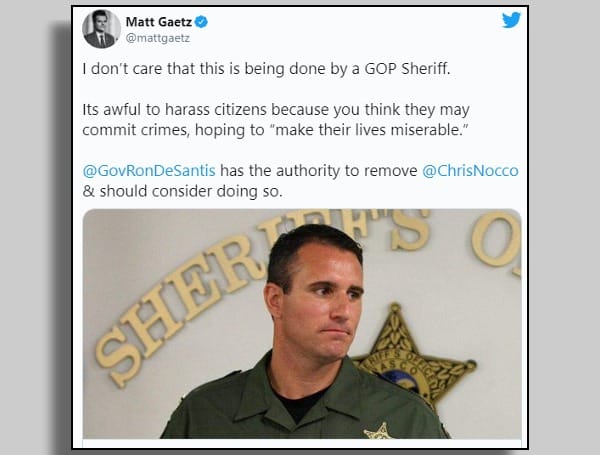 U.S. Rep. Matt Gaetz publicly suggested that Florida Gov. Ron DeSantis use his executive authority to remove a Pasco County Sheriff Chris Nocco, who accused of overseeing a policing program that targets and harasses citizens.