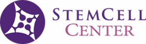 A logo that is comprised of purple and pink, which reads Stem Cell Center.