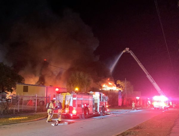 At 1:14 a.m. on Sunday, November 28th, City of Bradenton Fire Department (BFD) personnel responded to a reported outside fire endangering a structure at 807 24th Avenue West. Responding units spotted a large column of smoke and flames while en route. Upon arrival at 1:17 a.m., the first responding units found a large amount of fire encompassing most of the commercial property.
