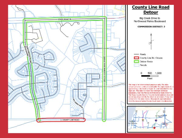 County Line Road, between Northwood Palms and Bruce B. Downs Boulevards, will be closed in both directions from late Sunday, November 14 to early Monday, November 15, 2021.