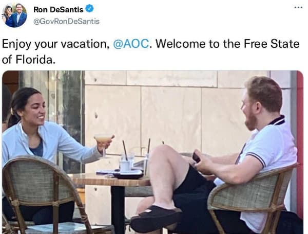 Welcome to Florida, AOC! We hope you’re enjoying a taste of freedom here in the Sunshine State thanks to @RonDeSantisFL ’s leadership.