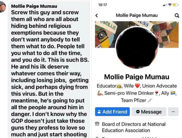 Mollie Paige Mumau took to Facebook to condemn all individuals who have not been vaccinated due to religious exemptions, accusing this group of “hiding behind