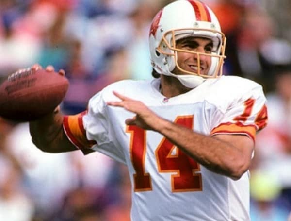 Selected first overall out of Miami in 1987, Testaverde started the final four games of his rookie season. He threw five interceptions in the 1988 opener, a 41-14 loss to the visiting Eagles in a game the Bucs trailed 34-0 at the half. Vinny Testaverde completed 21-of-45 for 324 yards and two touchdowns. 