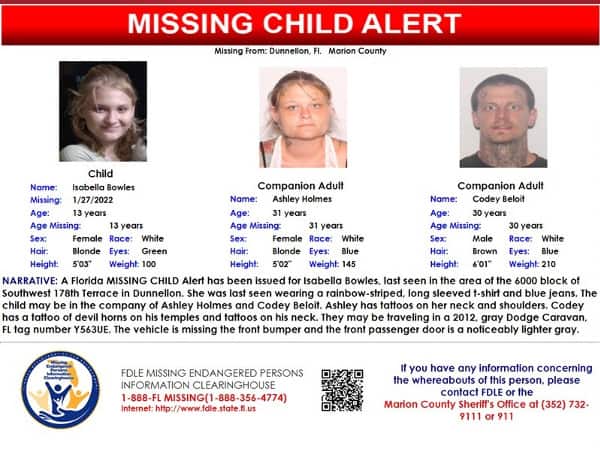 A Florida MISSING CHILD Alert has been issued for Isabella Bowles, a white female, 13 years old, 5 feet 3 inches tall, 100 pounds, blonde hair, and green eyes, last seen in the area of the 6000 block of Southwest 178th Terrace in Dunnellon, Florida.