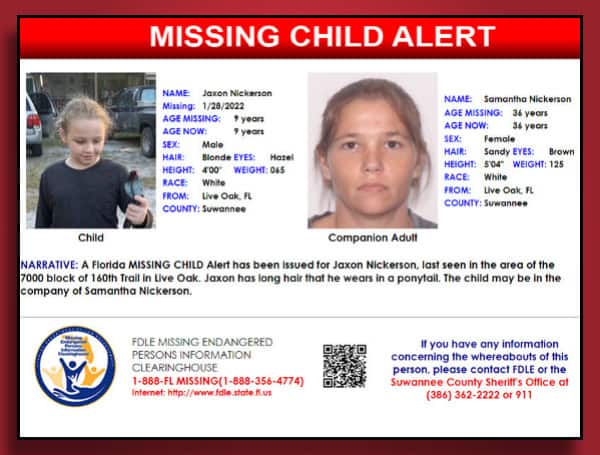 A Florida MISSING CHILD Alert has been issued for Jaxon Nickerson, a white male, 9 years old, 4 feet tall, 65 pounds, blonde hair and hazel eyes, last seen in the area of the 7000 block of 160th Trail in Live Oak, Florida.