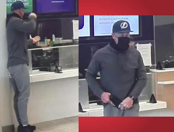 At approximately 5:30 p.m. on January 14, 2022, a suspect entered the SunTrust Bank located at 12902 N Dale Mabry Highway. The male suspect pointed a firearm at a bank teller and demanded cash. The teller provided an undisclosed amount of money, then the suspect fled on foot, westbound through the parking lot.