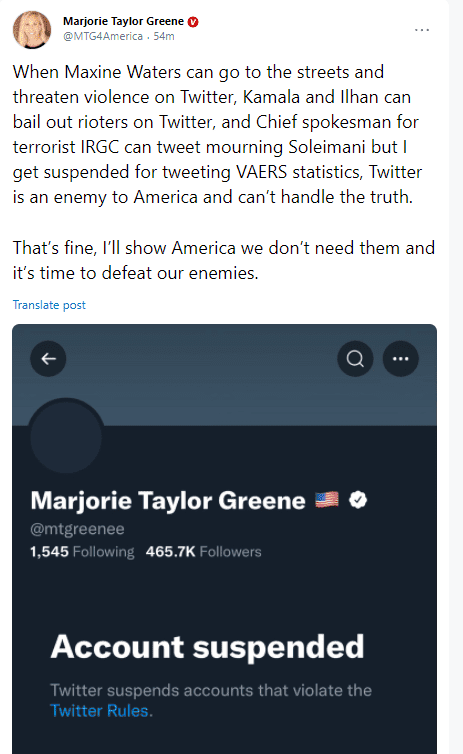 On Sunday, Twitter has reportedly suspended Rep. Marjorie Taylor Greene's personal account for spreading COVID-19 misinformation. 