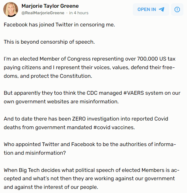 Facebook suspended the account of Republican Georgia Rep. Marjorie Taylor Greene for 24 hours on Monday, one day after Twitter permanently suspended her account over repeated violations of COVID-19 misinformation policies.