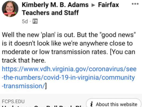 Kimberly Adams, president of the Fairfax Education Association, reportedly celebrated high COVID-19 transmission rates because it meant schools could continue to force children to wear masks, according to a Facebook posts shared by the Fairfax County Parents Association (FCPA).