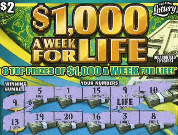 The Florida Lottery announced that Marie-Claude Coughlin, 50, of Valrico, claimed a $1,000 A Week for Life top prize from the $1,000 A WEEK FOR LIFE Scratch-Off game at the Lottery’s Tampa District Office.