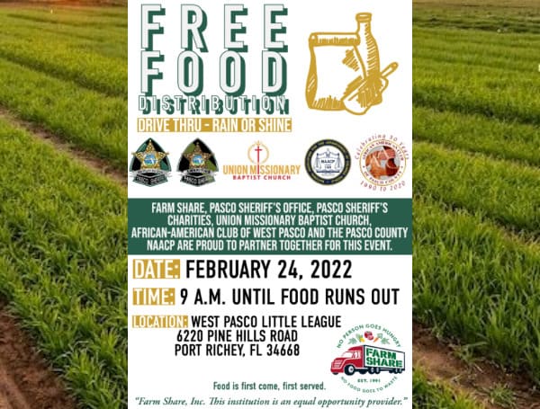 Pasco Sheriff’s Office is teaming up with Farm Share and West Pasco Little League for a free community food distribution!