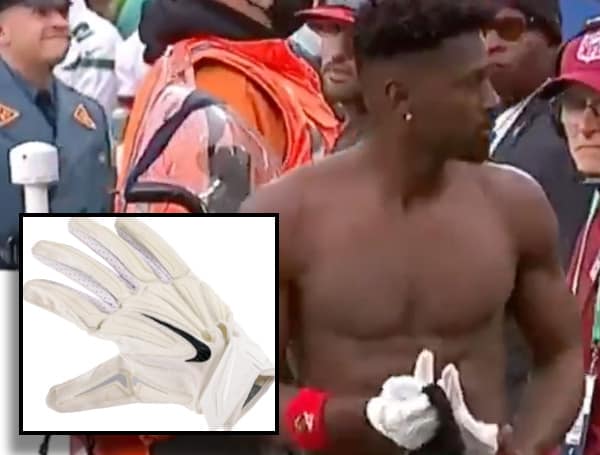 One of the gloves Antonio Brown threw into the stands at MetLife Stadium while throwing fit and stripping before exiting the field down during a January 2