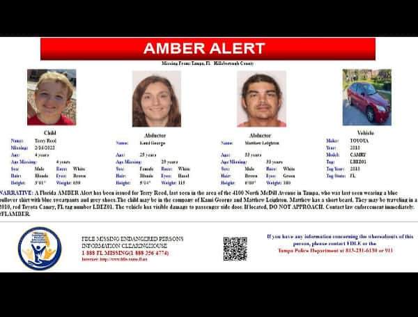 A Florida Amber alert has been issued for Terry Reed, 4, last seen in the area of 4100 North McDill Avenue In Tampa.