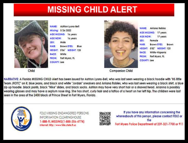A Florida MISSING CHILD Alert has been issued for Ashton Lyons-Bell, 16, and Arriana Robles, 17.