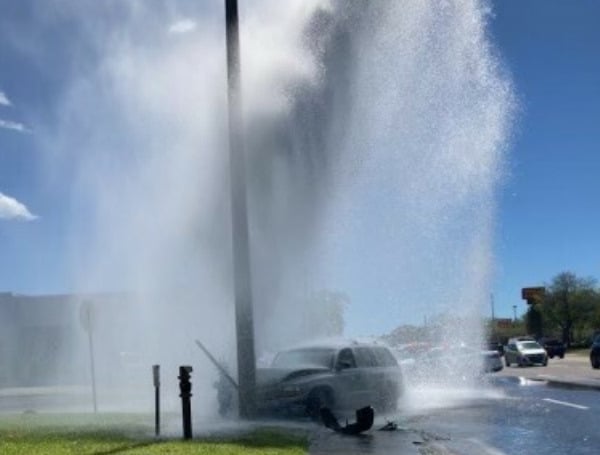 At approximately 2:00 pm St. Petersburg Fire & Rescue units were dispatched to a vehicle that struck a water main at the intersection of 34th Street North and 24th Avenue North.