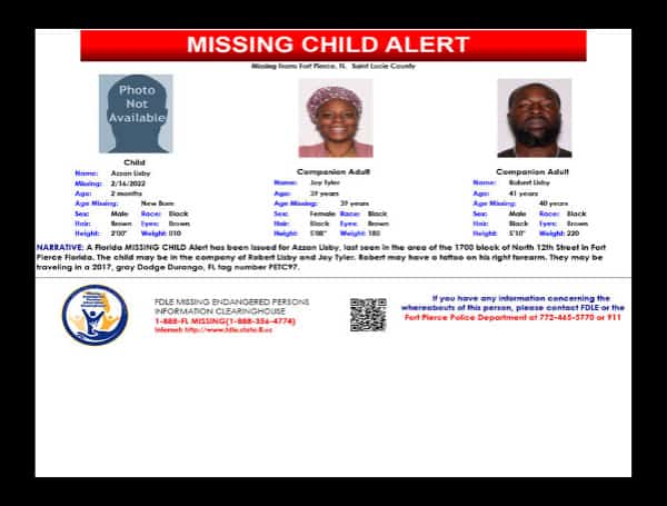 A Florida MISSING CHILD Alert has been issued for Azzan Lisby, a black male, 2 months old, 2 feet tall, 10 pounds, brown hair and brown eyes, last seen in the area of the 1700 block of North 12th Street in Fort Pierce, Florida.