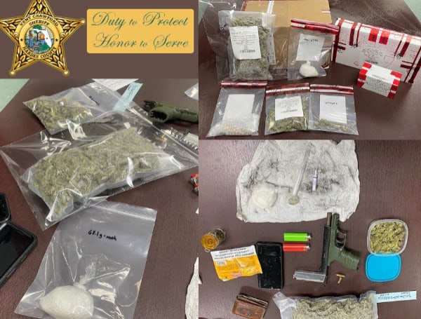 Deputies say that probable cause existed to enter the vehicle, and upon searching it, deputies located 68.1 grams of methamphetamine, and 283.1 grams of cannabis. A 9 mm handgun, along with ammunition and a glass smoking pipe were also found.