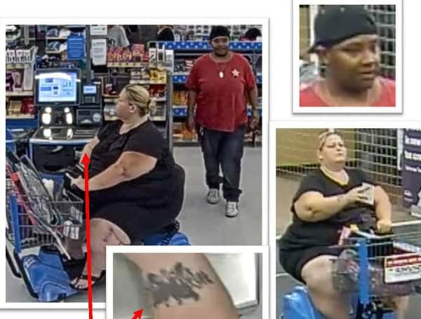 According to police, on April 15, police say the two women pictured, one white female and one Hispanic female, failed to scan merchandise, and passed all points of sale without paying for their goods.