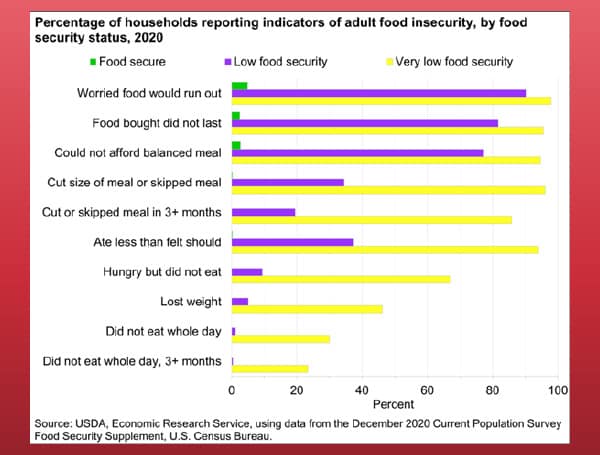 All households without children that were classified as having very low food security reported at least six of the conditions in the chart above, and 66% reported seven or more of these conditions. According to the USDA, food-insecure households with children follow a similar pattern. 