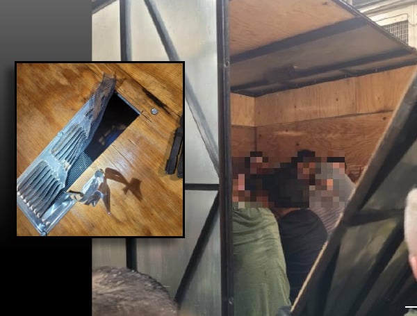 Agents observed a vent, approximately 16 inches by 6 inches on one of the boxes and removed the vent to reveal 40 migrants in a seated position trapped inside. The metal sided box had to be broken apart by unscrewing multiple bolts using a power tool found in the truck.  The box had no other opening or means of escape for the occupants. Agents determined the 40 migrants are citizens of Centra
