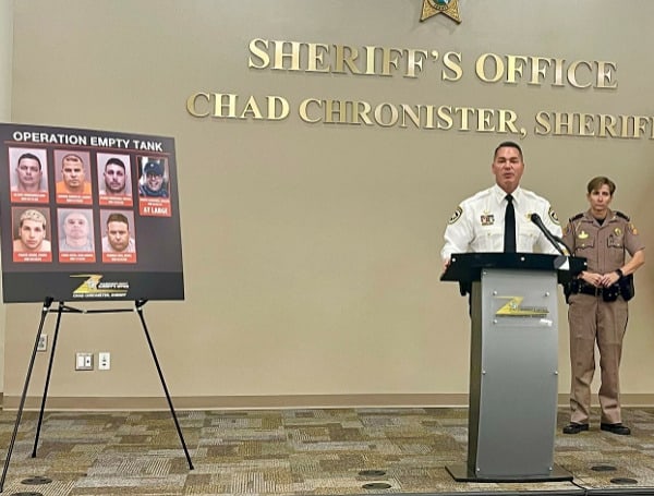 Sheriff Chad Chronister briefing reporters on the conclusion of Operation Empty Tank and the arrest of six suspects linked to more than $60,000 in gasoline theft