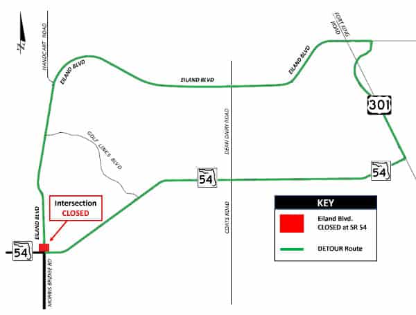 This detour is necessary for the contractor to construct the northern side of the intersection of SR 54 and Eiland Boulevard in association with the SR 54 widening project. Immediately after this detour is completed, another detour will begin on the south side of the intersection, closing Morris Bridge Road access at SR 54 (these details will be released soon).