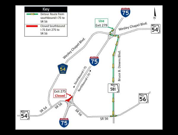 The SR 56 entrance ramp onto northbound I-75 may be closed from 10 p.m. Monday, April 4 to 5 a.m. Tuesday, April 5, weather permitting. Drivers will be detoured to enter from Wesley Chapel Boulevard.