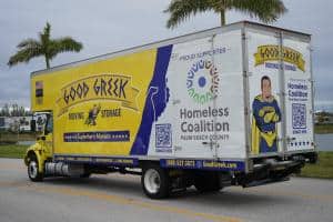 Custom Wrapped Moving Truck with Good Greek and Homeless Coalition logos and QR code for donations