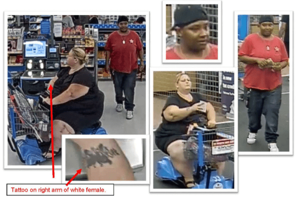 According to police, on April 15, police say the two women pictured, one white female and one Hispanic female, failed to scan merchandise, and passed all points of sale without paying for their goods.