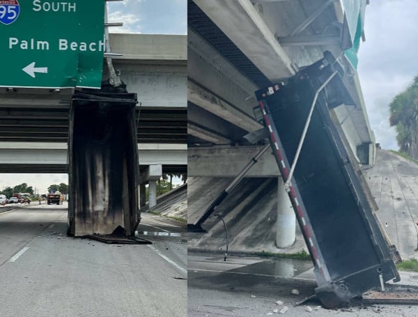 Bridge Road (CR708) is down to one lane after a dump truck traveling with the bed upright, crashed into the I95 overpass. The impact tore the bed from the cab of the vehicle. The driver of the truck was taken to the hospital. DOT, FHP CMV are on scene to assess the damage.