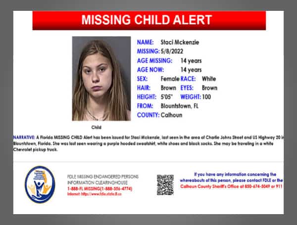 A Florida MISSING CHILD Alert has been issued for Staci Mckenzie, a white female, 14 years old, 5 feet 5 inches tall, 100 pounds, brown hair, and brown eyes.