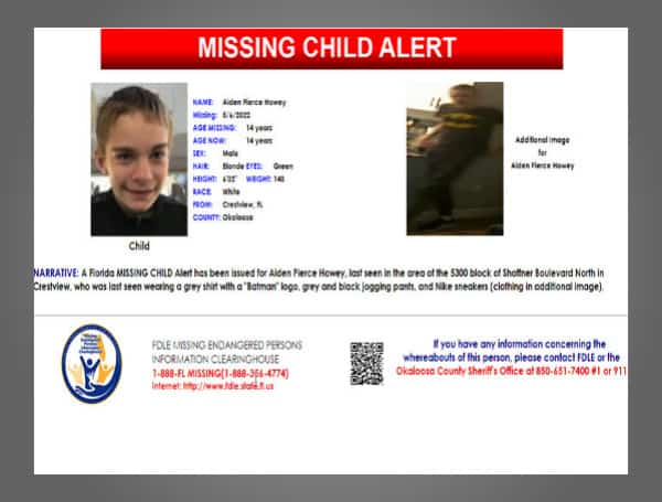A Florida MISSING CHILD Alert has been issued for Aiden Pierce Howey, a white male, 14 years old, 6 feet 2 inches tall, 140 pounds, blonde hair and green eyes, last seen in the area of the 5300 block of Shoffner Boulevard North in Crestview, Florida, who