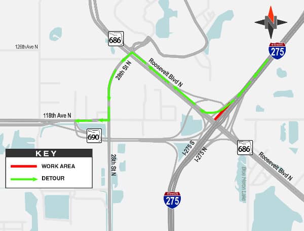 St. Petersburg, FL - Beginning at 10 p.m., Monday, May 2, the southbound I-275 ramp (Exit 30) to 118th Avenue North to close for approximately one month, weather permitting.
