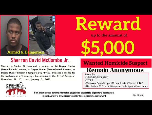 Crime Stoppers of Tampa Bay is offering a reward of up to $5,000 for information that leads to the location and arrest of Sherron McCombs.