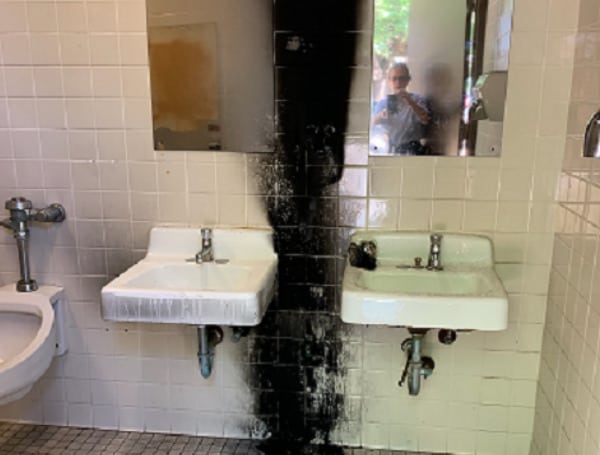 Foster Park: Vandals set the restroom on fire in addition to breaking the mirrors, soap and toilet paper dispensers.  