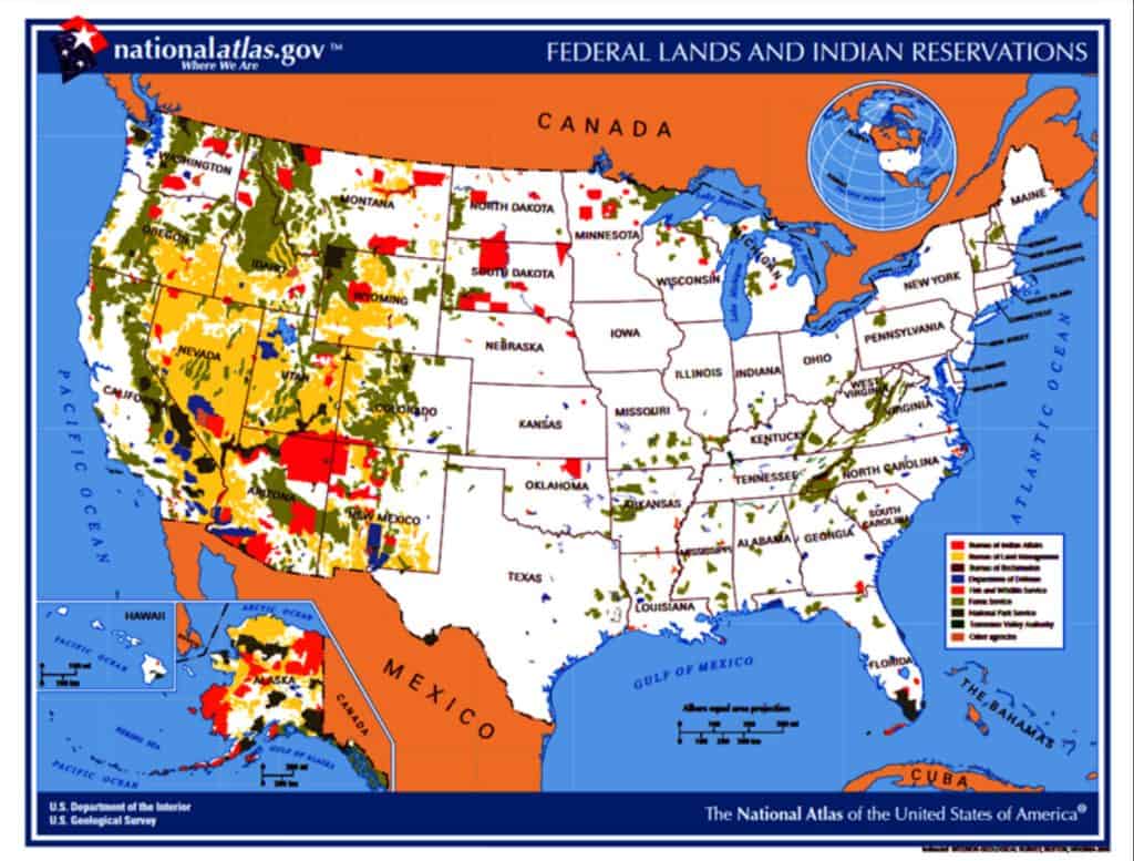Moving on -- Everywhere you see an area of white on the “Federal Lands and Indian Reservations” map it’s fully controlled in that particular state by the federal government, and as for the rest, it’s land owned by Indian tribes.