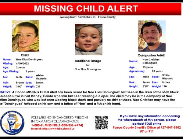 A Florida MISSING CHILD Alert has been issued for Noe Elias Dominguez, a white-hispanic male, 2 years old, 3 feet tall, 35 pounds, brown hair and brown eyes, last seen in the area of the 5500 block of Mercado Drive in Port Richey, Florida.