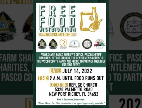 Pasco Sheriff’s Office is teaming up with Farm Share, Refuge Church, The Gentlemen’s Course, and Pasco County NAACP for a free community food distribution.