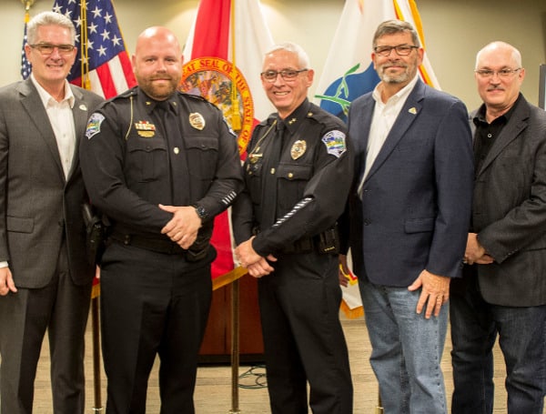 City of Temple Terrace Mayor Andy Ross, TTPD Deputy Chief Robert Staley, TTPD Chief Ken Albano, Interim City Manager Dr. Steve Spina and Business Relations Manager Greg Pauley following the promotion ceremony for Deputy Chief Staley.