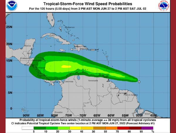 The National Hurricane Center (NHC) has issued a tropical storm warning for potential tropical cyclone two approaching the southern Windward Islands.