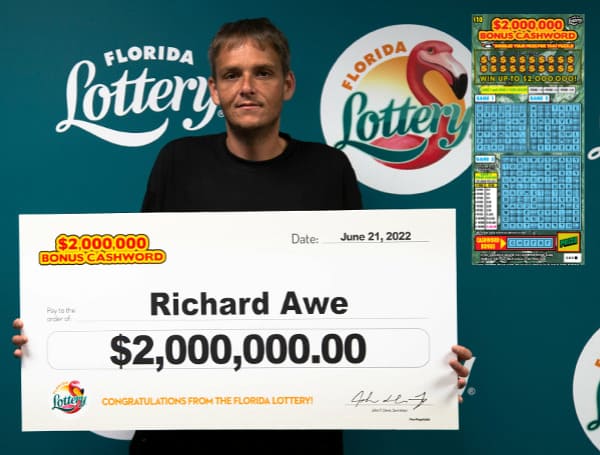 On Friday the Florida Lottery announced that Richard Awe, 34, of Boca Raton, claimed a $2 million top prize from the $2,000,000 BONUS CASHWORD Scratch-Off game at Lottery Headquarters in Tallahassee.
