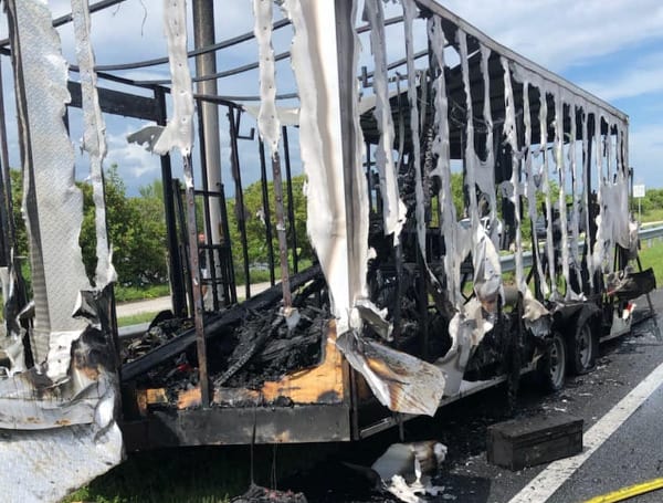 A blown tire is the culprit of a massive trailer fire on the Courtney Campbell Causeway Monday.