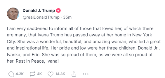 Ivana Trump, the ex-wife of former President Donald Trump, has died at age 73, according to multiple sources.