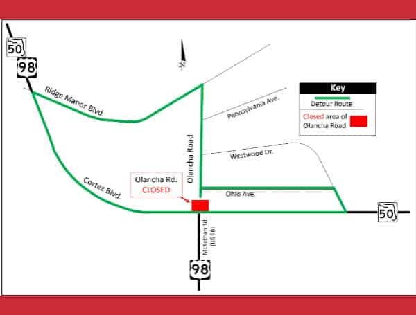 Olancha Road will be closed around-the-clock on the north side of the SR 50/US 98 intersection beginning at 7 a.m. Monday, July 11, 2022, and continuing to Friday, July 22, 2022.